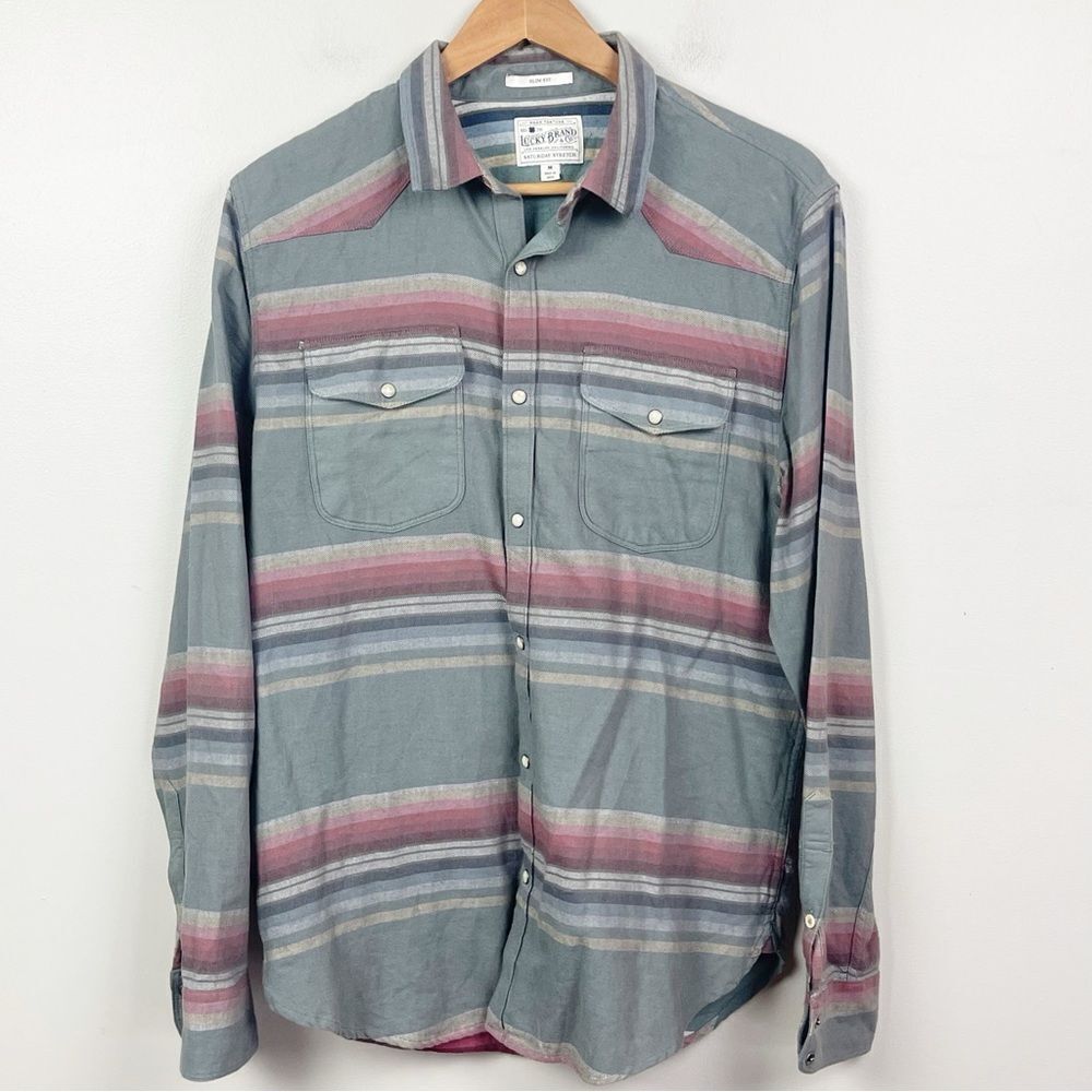Lucky Brand Men’s Flannel Santa Cruz Western Snap Button Shirt Slim Fit Size M